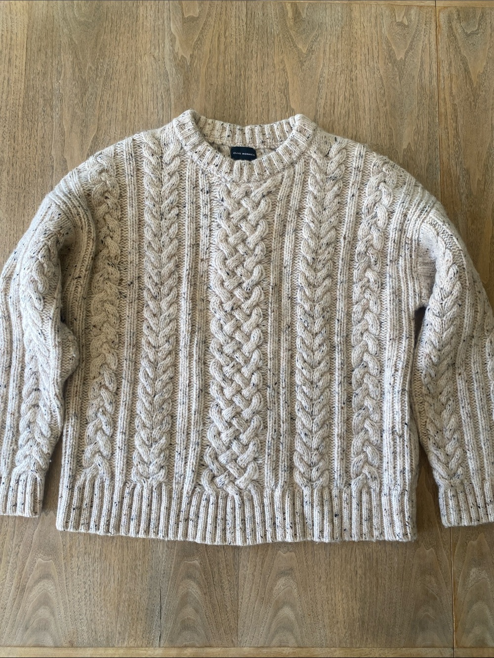 Club Monaco Speckled Beige Chunky Cable-Knit Oversized Fisherman Sweater